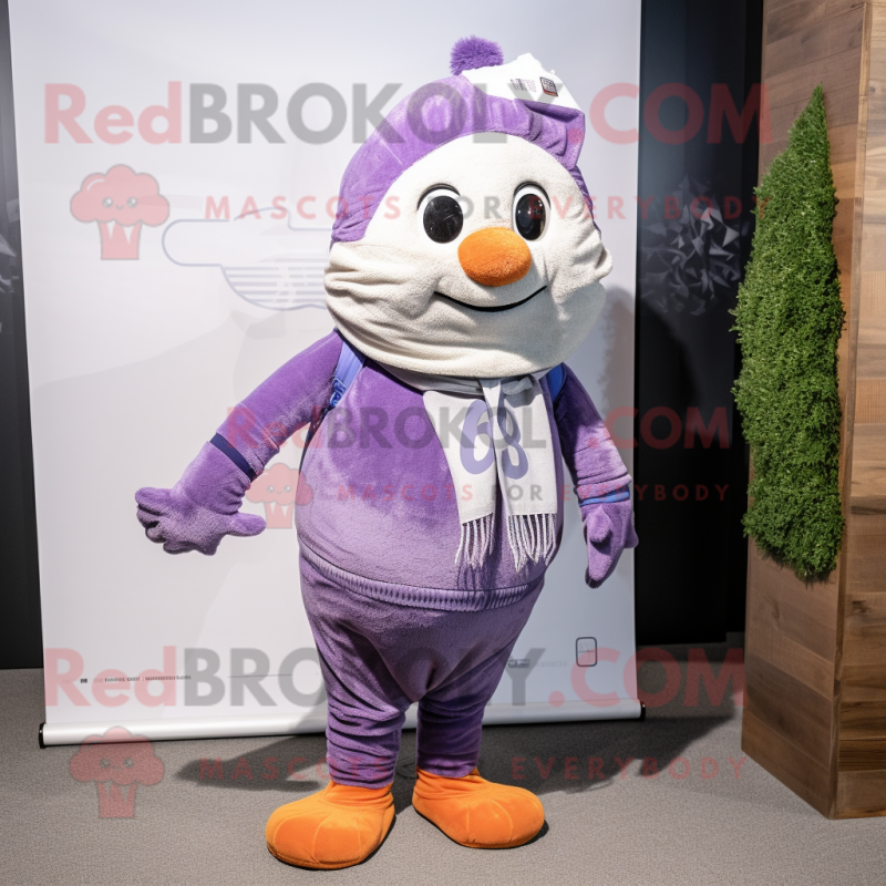 Lavender Momentum mascot costume character dressed with a Corduroy Pants and Scarves