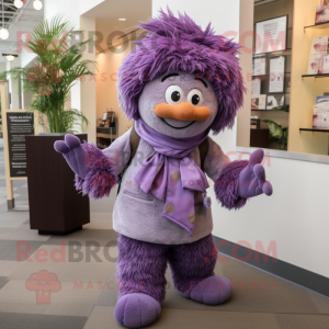 Lavender Momentum mascot costume character dressed with a Corduroy Pants and Scarves