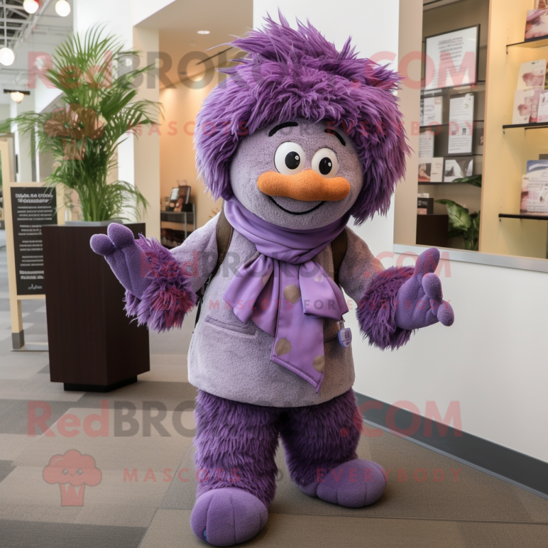 Lavender Momentum mascot costume character dressed with a Corduroy Pants and Scarves