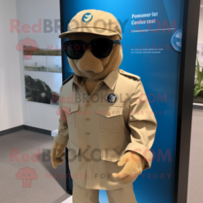 Tan Marine Recon mascot costume character dressed with a Suit Jacket and Sunglasses