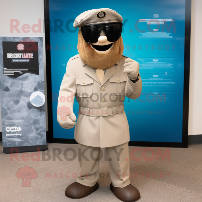 Tan Marine Recon mascot costume character dressed with a Suit Jacket and Sunglasses