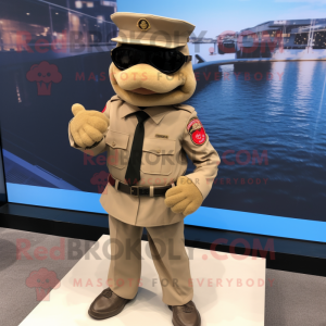 Tan Marine Recon mascot costume character dressed with a Suit Jacket and Sunglasses