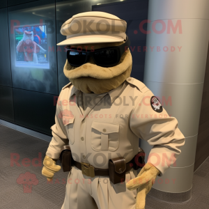 Tan Marine Recon mascot costume character dressed with a Suit Jacket and Sunglasses