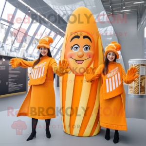 Orange French Fries mascot costume character dressed with a Wrap Dress and Berets