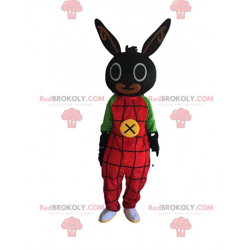 Black rabbit mascot with red overalls, plush costume -