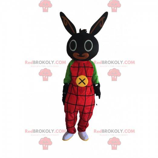 Mascota de conejo negro con overol rojo, disfraz de felpa -