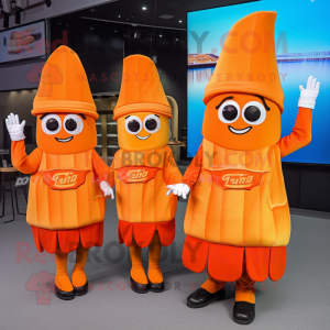 Orange French Fries mascot costume character dressed with a Wrap Dress and Berets