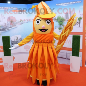 Orange French Fries mascot costume character dressed with a Wrap Dress and Berets