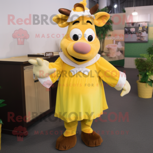 Lemon Yellow Guernsey Cow mascot costume character dressed with a Pleated Skirt and Mittens