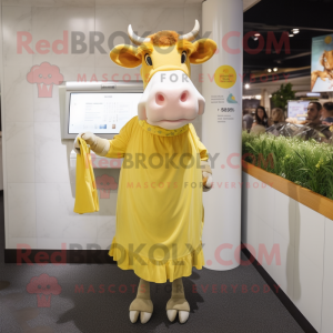 Lemon Yellow Guernsey Cow mascot costume character dressed with a Pleated Skirt and Mittens