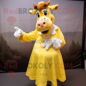 Lemon Yellow Guernsey Cow mascot costume character dressed with a Pleated Skirt and Mittens