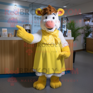 Lemon Yellow Guernsey Cow mascot costume character dressed with a Pleated Skirt and Mittens