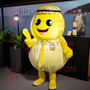 Lemon Yellow Oyster mascot costume character dressed with a Suit and Hair clips