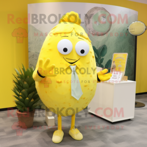 Lemon Yellow Oyster mascot costume character dressed with a Suit and Hair clips