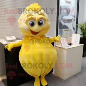 Lemon Yellow Oyster mascot costume character dressed with a Suit and Hair clips