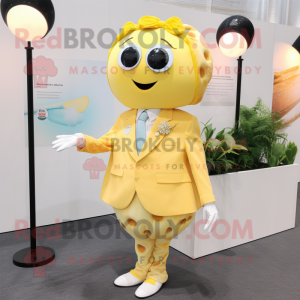Lemon Yellow Oyster mascot costume character dressed with a Suit and Hair clips