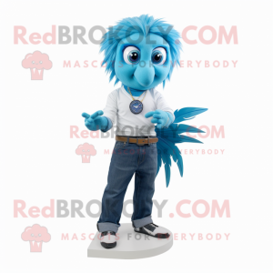 Cyan Betta Fish mascot costume character dressed with a Flare Jeans and Bracelet watches