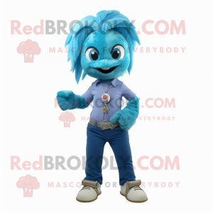 Cyan Betta Fish mascot costume character dressed with a Flare Jeans and Bracelet watches