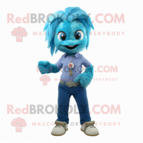 Cyan Betta Fish mascot costume character dressed with a Flare Jeans and Bracelet watches