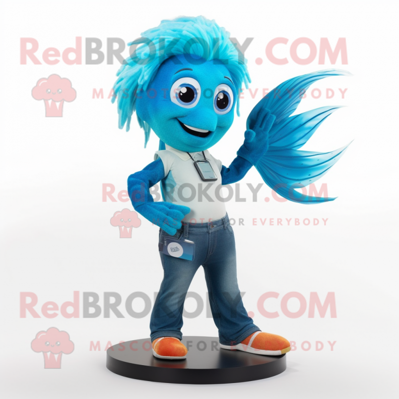 Cyan Betta Fish mascot costume character dressed with a Flare Jeans and Bracelet watches Cyan Betta Fish mascot costume character dressed with a Flare Jeans and Bracelet watches