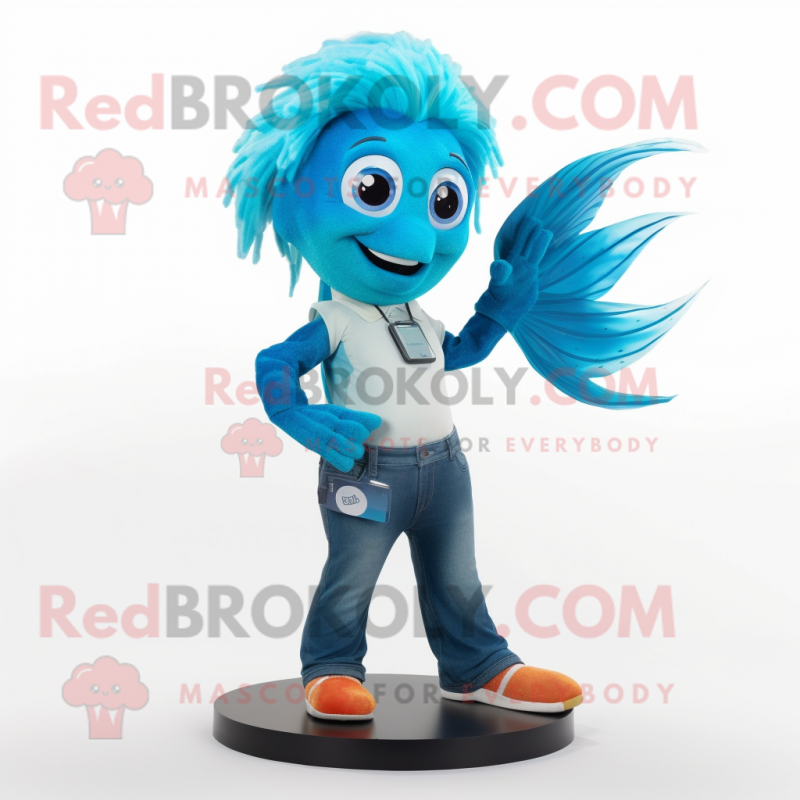 Cyan Betta Fish mascot costume character dressed with a Flare Jeans and Bracelet watches