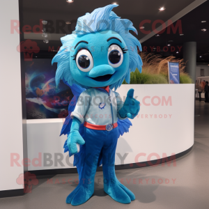 Cyan Betta Fish mascot costume character dressed with a Flare Jeans and Bracelet watches