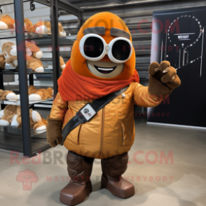 Rust Potato mascot costume character dressed with a Moto Jacket and Reading glasses