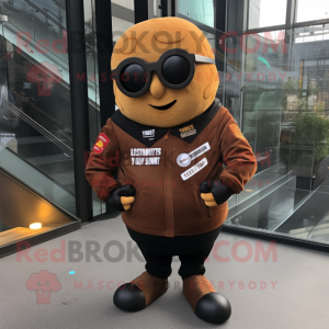 Rust Potato mascot costume character dressed with a Moto Jacket and Reading glasses