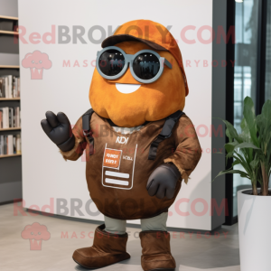 Rust Potato mascot costume character dressed with a Moto Jacket and Reading glasses