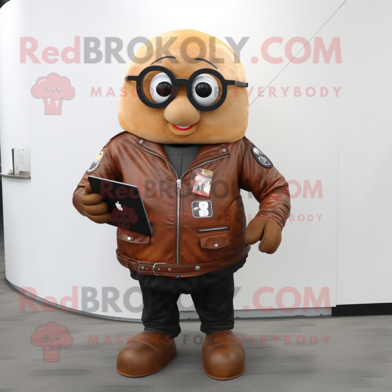 Rust Potato mascot costume character dressed with a Moto Jacket and Reading glasses Rust Potato mascot costume character dressed with a Moto Jacket and Reading glasses