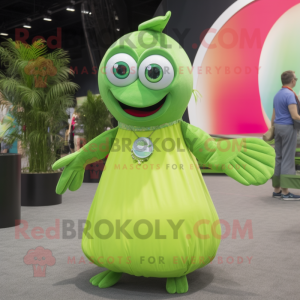 Lime Green Salmon mascot costume character dressed with a Maxi Dress and Keychains