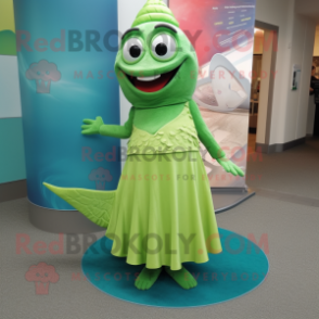 Lime Green Salmon mascot costume character dressed with a Maxi Dress and Keychains