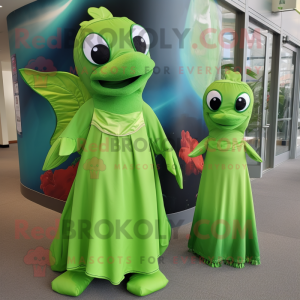 Lime Green Salmon mascot costume character dressed with a Maxi Dress and Keychains