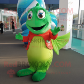 Lime Green Salmon mascot costume character dressed with a Maxi Dress and Keychains