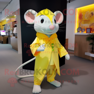 Lemon Yellow Rat mascot costume character dressed with a Dress Pants and Wraps