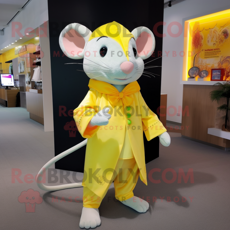 Lemon Yellow Rat mascot costume character dressed with a Dress Pants and Wraps Lemon Yellow Rat mascot costume character dressed with a Dress Pants and Wraps