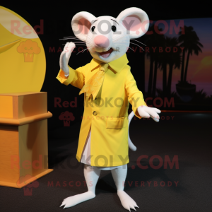 Lemon Yellow Rat mascot costume character dressed with a Dress Pants and Wraps