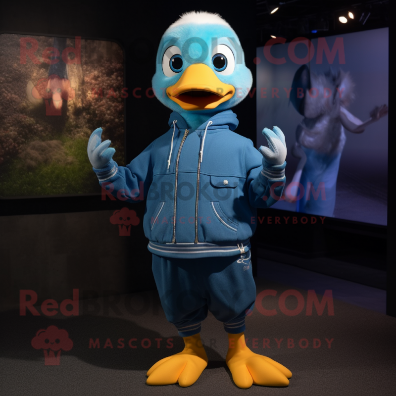 Blue Gosling mascot costume character dressed with a Sweatshirt and Suspenders