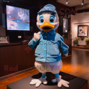 Blue Gosling mascot costume character dressed with a Sweatshirt and Suspenders