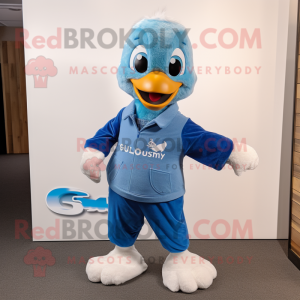 Blue Gosling mascot costume character dressed with a Sweatshirt and Suspenders
