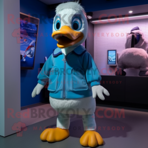 Blue Gosling mascot costume character dressed with a Sweatshirt and Suspenders