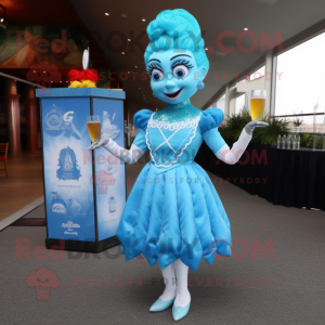 Sky Blue Irish Dancer mascot costume character dressed with a Cocktail Dress and Wraps