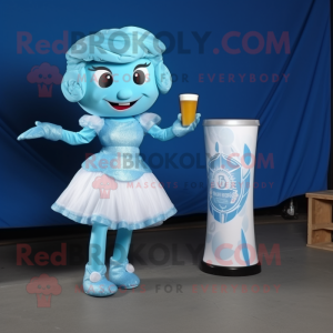 Sky Blue Irish Dancer mascot costume character dressed with a Cocktail Dress and Wraps