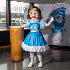 Sky Blue Irish Dancer mascot costume character dressed with a Cocktail Dress and Wraps