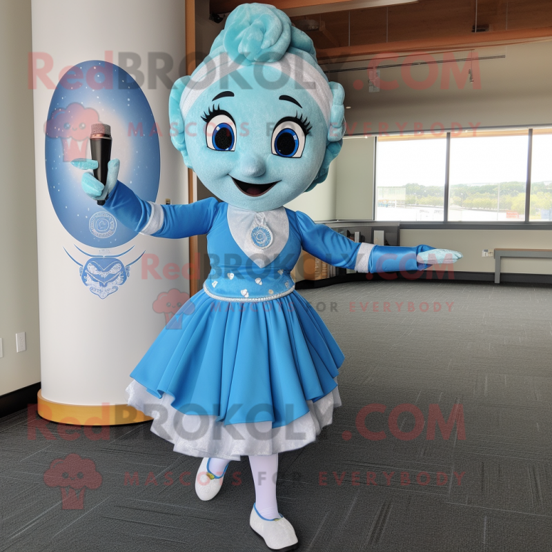 Sky Blue Irish Dancer mascot costume character dressed with a Cocktail Dress and Wraps Sky Blue Irish Dancer mascot costume character dressed with a Cocktail Dress and Wraps