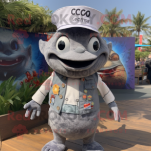 Gray Ceviche mascot costume character dressed with a Henley Shirt and Keychains