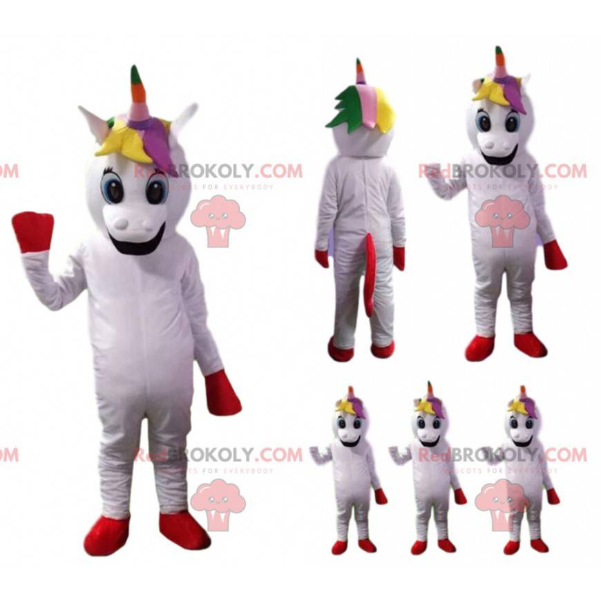 Mascotte unicorno bianco con criniera arcobaleno -