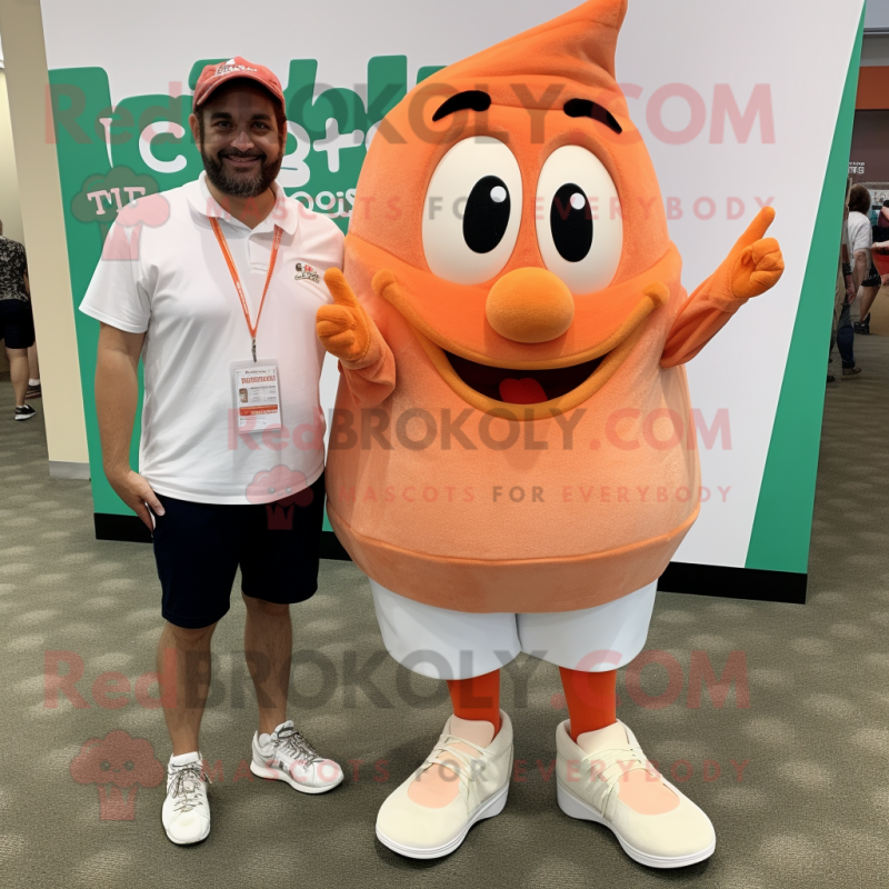 Peach Steak mascot costume character dressed with a Henley Tee and Shoe clips