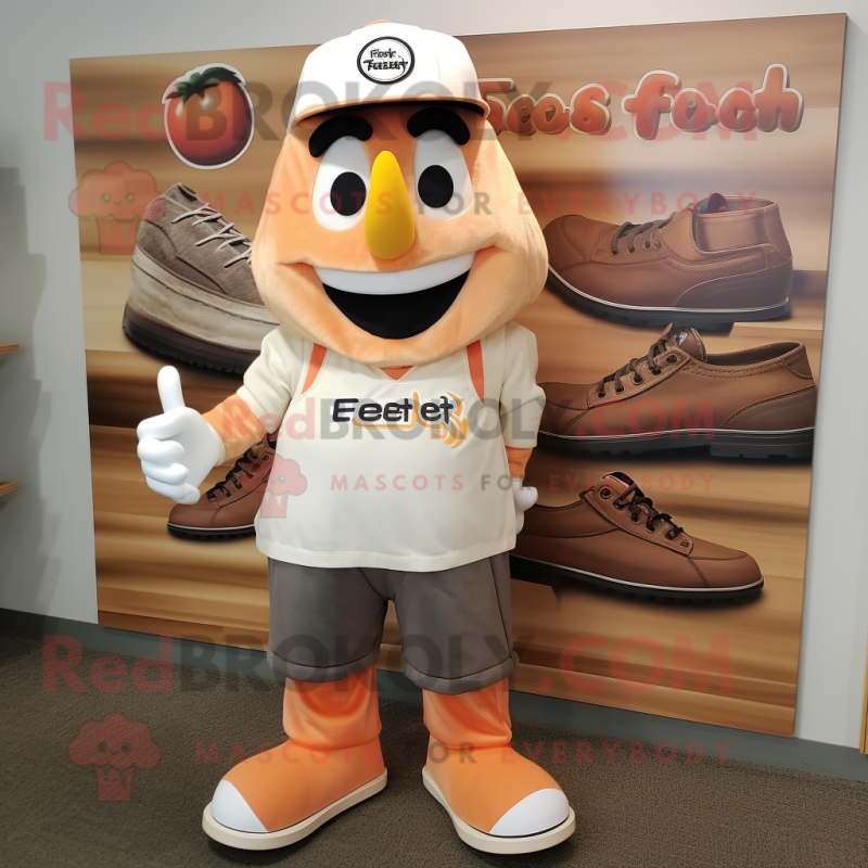 Peach Steak mascot costume character dressed with a Henley Tee and Shoe clips Peach Steak mascot costume character dressed with a Henley Tee and Shoe clips