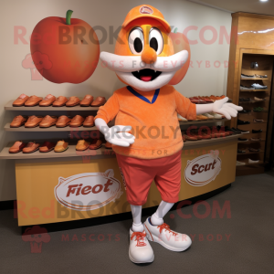 Peach Steak mascot costume character dressed with a Henley Tee and Shoe clips